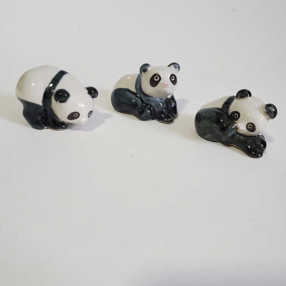 Vintage Panda Bears Set of Three Ceramic Pottery Retro Cute Kitsch Decor